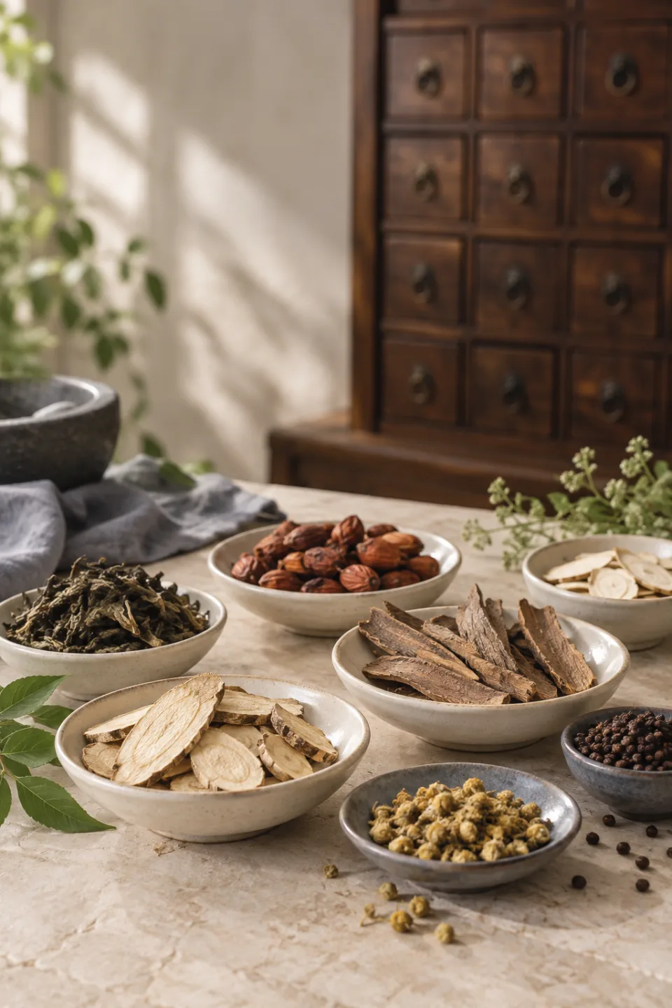 Illustrative arrangement of dried botanicals in ceramic bowls beside traditional apothecary drawers